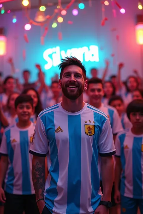  Messi students wearing the Argentine shirt in a party room with lots of colored lights, on the wall a sign  "Silvana"  and several zumba 