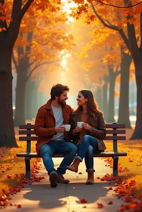 un couple assis sur un banc tenant un café à la main en pleine automne à Chicago