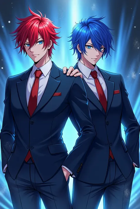 Two magas, one with red hair and the other with blue hair, blue eyes and suits, dark blue mashle version of wide-length manga with red ties and black and blue pants and blue eyes that are women 