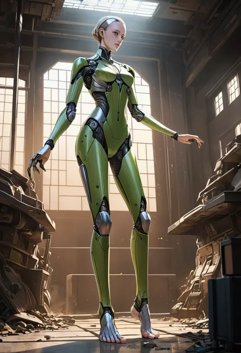 A tall android girl showing her bare and dirty feet