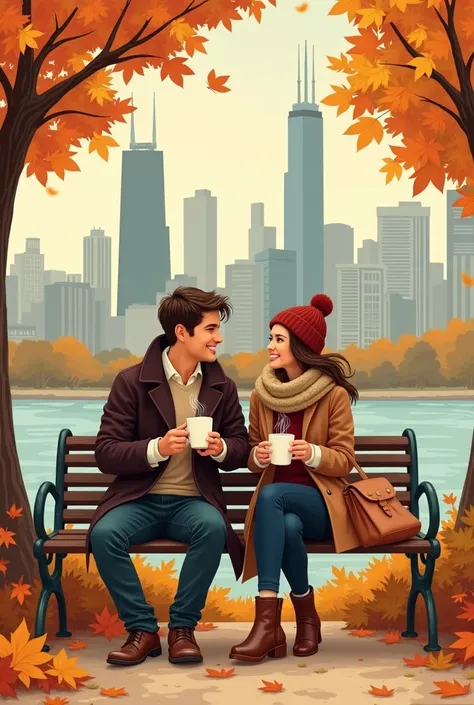 illustration un couple assis sur un banc tenant un café à la main en pleine automne à Chicago