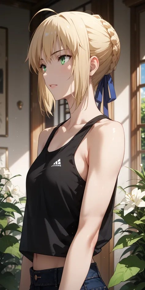 Score_9, Score_8_up, Score_7_up, Source_anime, anime art, anime style, very aesthetic, masterpiece, high quality, 1girl, female, black tank top, SaberFS, blonde hair, green eyes, short hair, french braid, ahoge, soft light