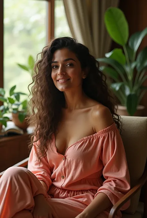 (photorealism:1.2), beautiful woman, sitting on press conference of news, wearing off-shoulder Sadi pajama pants, long curly hair, indoors, soft lighting, plants in background, window with sunlight, cozy room, relaxed pose, realistic, intricate details, wa...