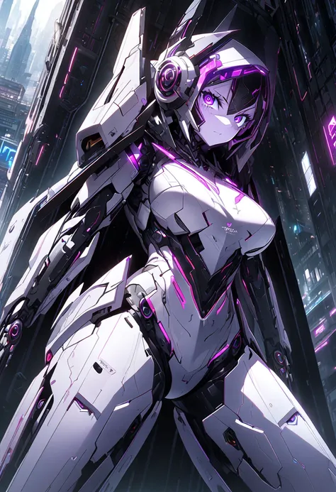 Masterpiece, (highly detailed CG illustration), Robot woman,(looking at viewer),posing,large breast,purple eyes,sharp eyes,black long hair,headphone,white robot body,indoor,window, in outside futuristic city,cowboy shot