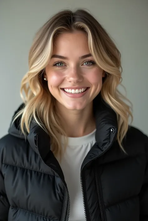  young white woman、 blonde hair 、Hairstyle: Medium long、 wavy hair、Ear piercing、黒い down jacket、smile、 beautiful alignment of teeth、 trainer、 upper body、 Neutral Backgrounds 、 frontal angle

