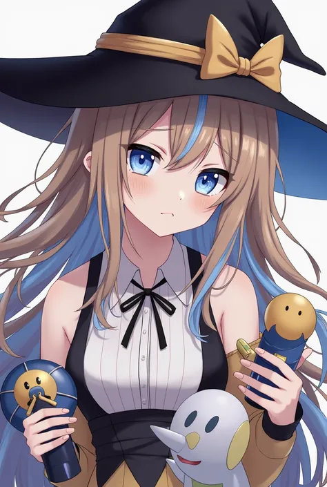 1 ,  long hair ,  high resolution, breasts,  Blue Eyes,  brown hair ,  with your mouth shut, toys,  witch hat , Necessary,  masterpiece , 