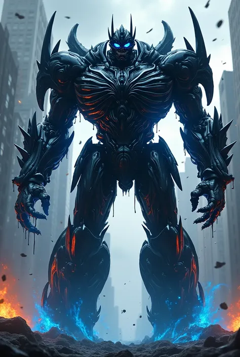 A monstrous fusion of Venom and Optimus Prime stands amidst a burning city, its massive form dripping with black, symbiotic ooze that melds with cybertronian armor. Razor-sharp tendrils extend from its back, glowing faintly with eerie blue light. Its eyes ...