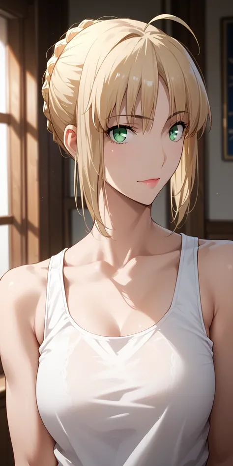 Score_9, Score_8_up, Score_7_up, Source_anime, anime art, anime style, very aesthetic, masterpiece, high quality, 1girl, mature female, tank top, SaberFS, blonde hair, green eyes, short hair, french braid, ahoge, soft light, looking at viewer