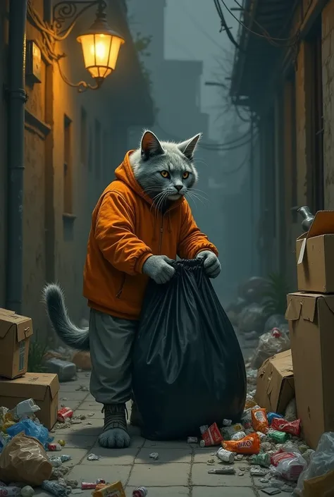 In a dimly lit urban alley, a gray cat-man dressed in an orange upper and gray pants is collecting garbage into a large black bag. The alley is cluttered with trash, including cardboard boxes, bottles, and food wrappers. A faint streetlight shines on him, ...