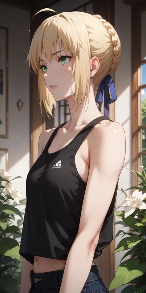 Score_9, Score_8_up, Score_7_up, Source_anime, anime art, anime style, very aesthetic, masterpiece, high quality, 1girl, female, black tank top, SaberFS, blonde hair, green eyes, short hair, french braid, ahoge, soft light