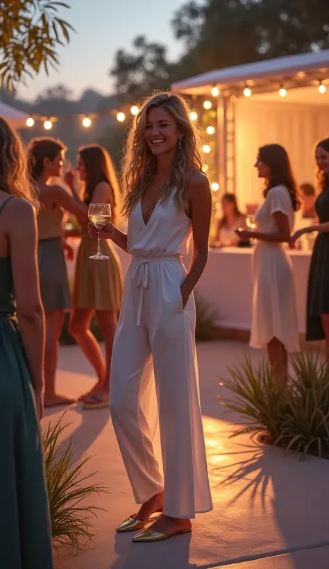  Natural Elegance with a Touch of Relaxation
Illustrative Image Description:
At an outdoor event at dusk ,  the woman wears elegant white jumpsuit and gold flat shoes .  She holds a glass of wine while laughing carefree , surrounded by friends.  The stage ...