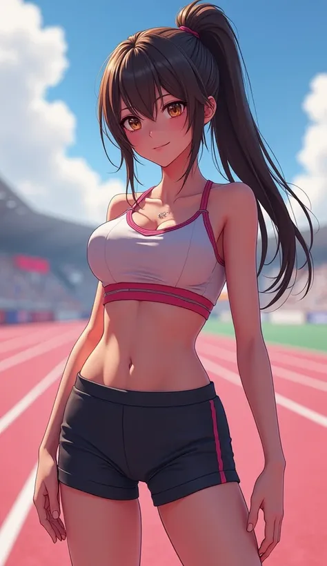 anime: Stylish image of a woman in a sports outfit posing for a photo,  A digital painting by Kentaro Miura, Art station, realism,  realistic anime style 3 d ,  anime style. 8K, [ Artedigital 4K ]!!,  anime style 4 k,  anime styled 3d,  Detailed Anime Digi...