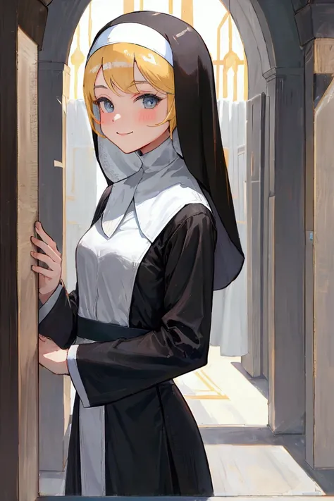 1girl, nun, habit, looking_at_viewer, smile, 