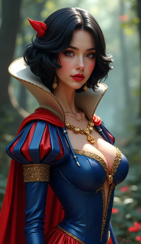 "A modern and stunning reinterpretation of Snow White, with perfect curves and a stylish, form-fitting outfit that accentuates her figure. She wears a contemporary ensemble inspired by her classic colors (blue, red, and gold), featuring sleek cuts and glit...