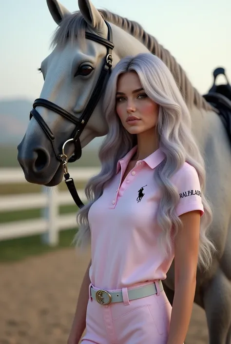 Gorgeous long wavy silver grey lilac tint ombre hair woman wearing pastel horse riding outfit with riding boots, and a polo too with the ralph lauren logo on. She is standing next to a beautiful big horse 