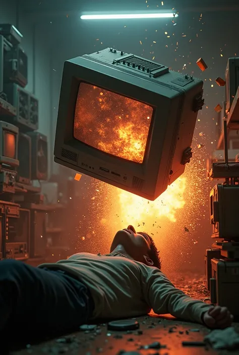 A crt monitor Falling on a guy and exploding killing the guy