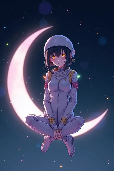 Anime astronot cewek di bulan sabit duduk 
