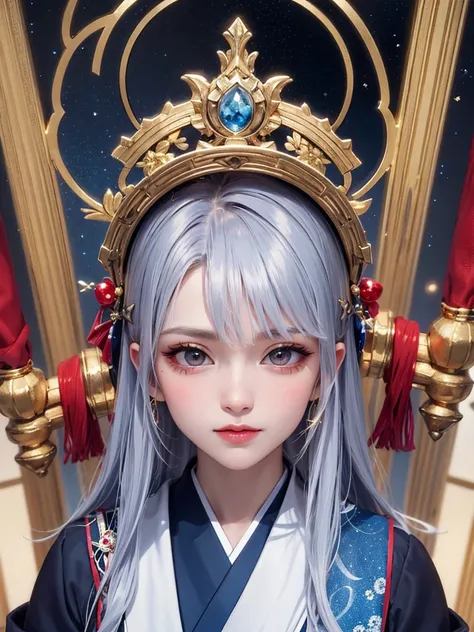 masterpiece， best quality，8k， Detailed Skin Textures ， detailed cloth texture，Beautifully detailed face， complex details， super detailed，Rei Ayanamiの肖像， Silver Hair，Red colored eyes， black headgear on the head,Pixieカット，Shining Skin Hair Ornaments, gold hai...