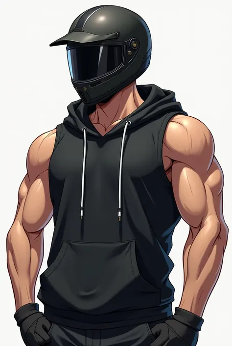 A muscular, handsome, young anime boy wearing a black sleeveless hoodie and he has a motorcycle helmet on