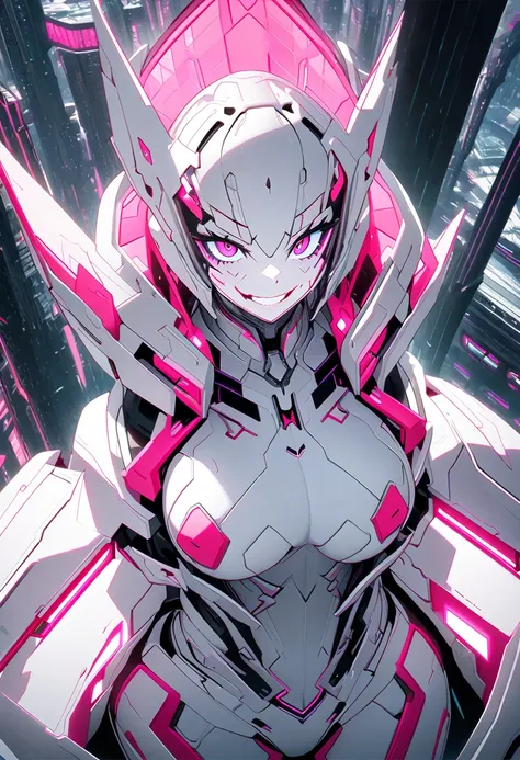 Masterpiece, (highly detailed CG illustration),solo woman wearling White futuristic bodysuits with pink accents,(looking at viewer),grin,large breast,pink eyes,sharp eyes,(black long hair),window, in outside futuristic city,cowboy shot