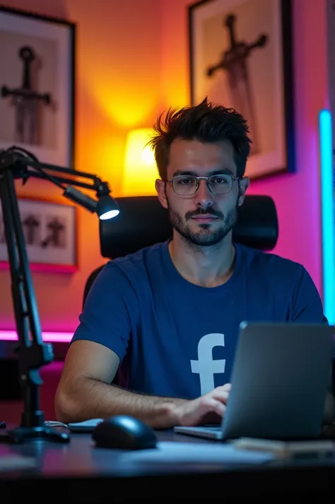 A man is sitting in room with microphone and laptop and back ground will be   in colour in background wall there will be a Facebook  logo on man t shirts there will be a sword photo and his room corner there will be neon yellow light and photo will be in f...