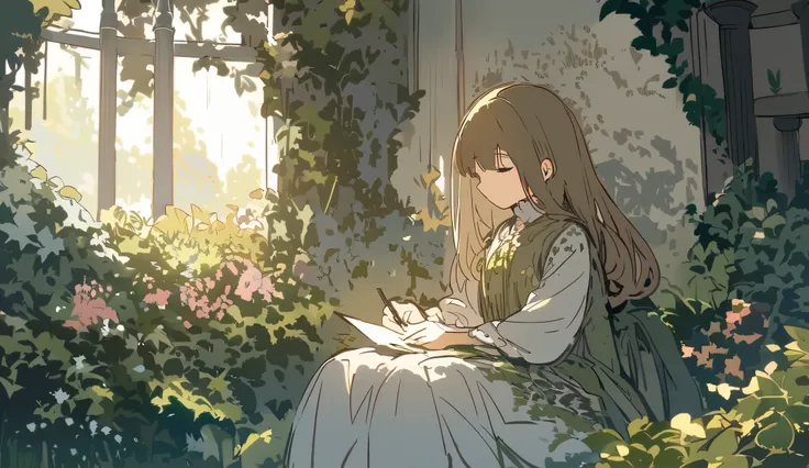 A young girl sitting in a hidden garden surrounded by overgrown ivy, blooming flowers, and an ancient stone fountain. She’s sketching in a small notebook, with a lantern casting a soft, golden glow. The sound of trickling water and rustling leaves fills th...