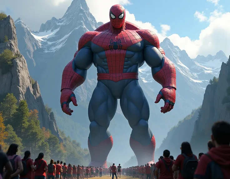 MAKE ME A VERY BIG SPIDERMAN CHARACTER LIES ON A MOUNTAIN, MANY SMALL PEOPLE ARE LOOKING AT HIM, FOREST BACKGROUND, FULL BODY SHOOTING, REALISTIC