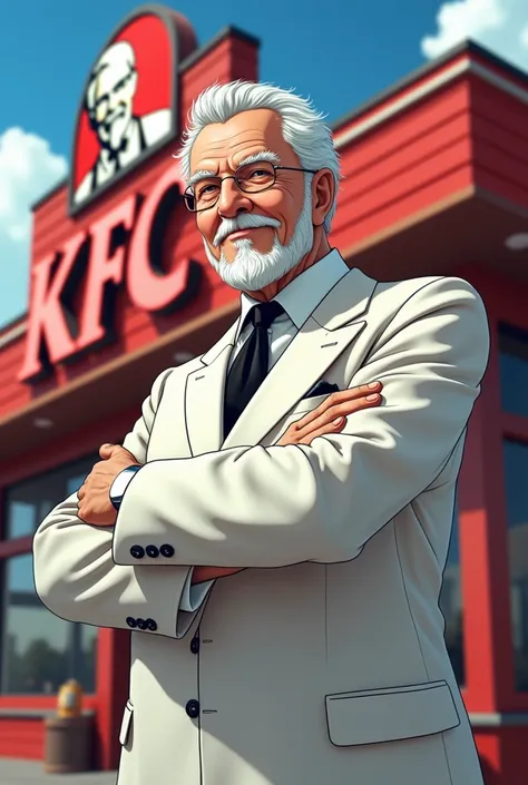 A founder of KFC pic with KFC shop . anime pic look realistic