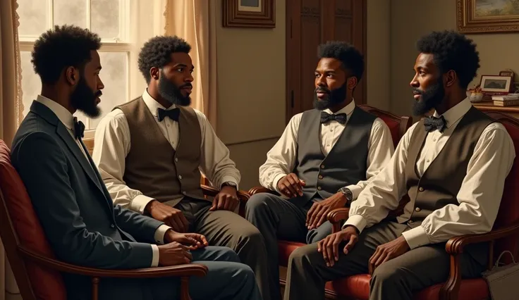 Generate image of group of black American men  dressed casual and discussing in their household in 1870