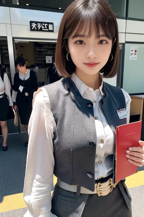   Masterpiece ,   Best Quality  , Original photo,  super high resolution,  photorealistic, Very delicate human skin, 
( anatomically correct, 16-year-old student ,   realistic Japanese girl holding a book in front of her chest looking into the viewer , Pho...