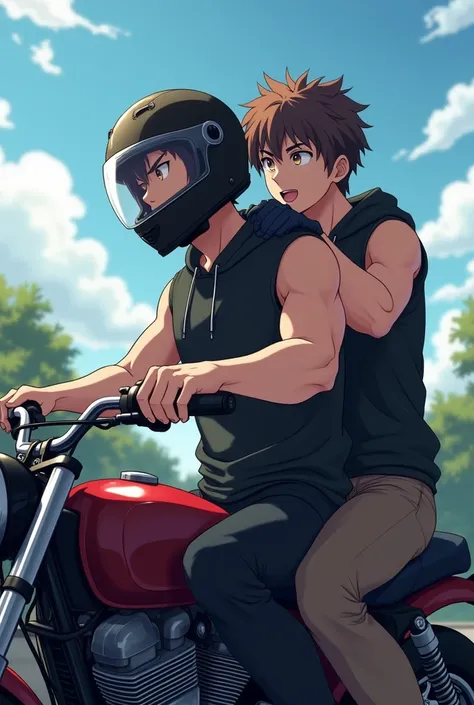 A muscular, handsome, young anime boy wearing a black sleeveless hoodie and he has a motorcycle helmet on, while driving a motorcycle and a boy was fucking him from behind