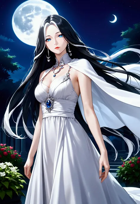 best quality, masterpiece, best quality, highres, absurdres, official art, HQ, 4k, source_anime, moon goddess, expressive eyes, mature, youthful, motherly, womanly, regal, queenly, beautiful, black hair, very long hair, white highlights, white strands of h...