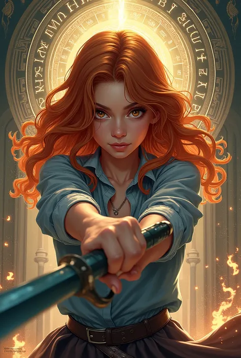  series-style drawing A girl with wavy copper hair,  holding a weapon , in Arcane 