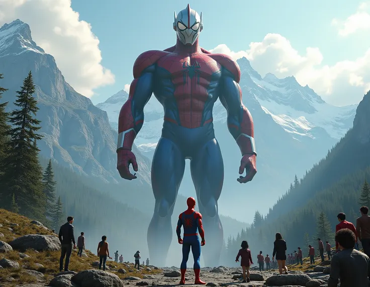 MAKE ME A VERY BIG SPIDERMAN CHARACTER FACING A HUGE ULTRAMAN ON A MOUNTAIN, MANY SMALL PEOPLE SEEING HIM, FOREST BACKGROUND, FULL BODY SHOOTING, REALISTIC