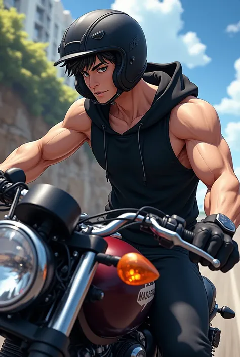 A muscular, handsome, young anime boy wearing a black sleeveless hoodie and he has a motorcycle helmet on, while driving a motorcycle and a boy was fucking him from behind