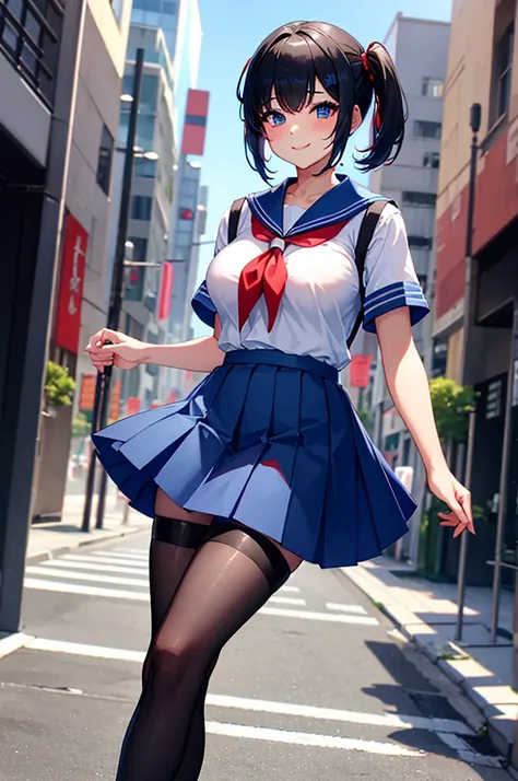 a solo femboy,sexy femboy ,short pigtail hair, big breast, wearing a japan  short sleeve sailor high-school uniform , short blue skirt with black pantyhose, eye makeup, red face,emblassing,shy , smile , standing ,in a downtown city at afternoon time