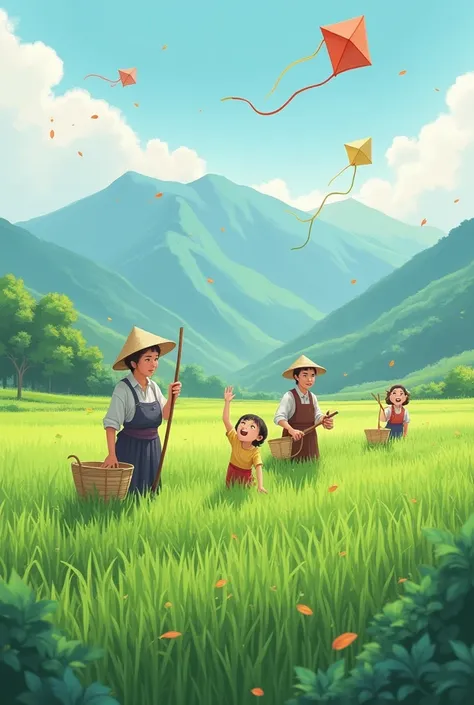 Make me a poster The old female Farmers take care the  who playing kites in the green rice field full of mountain they are peace and love each other