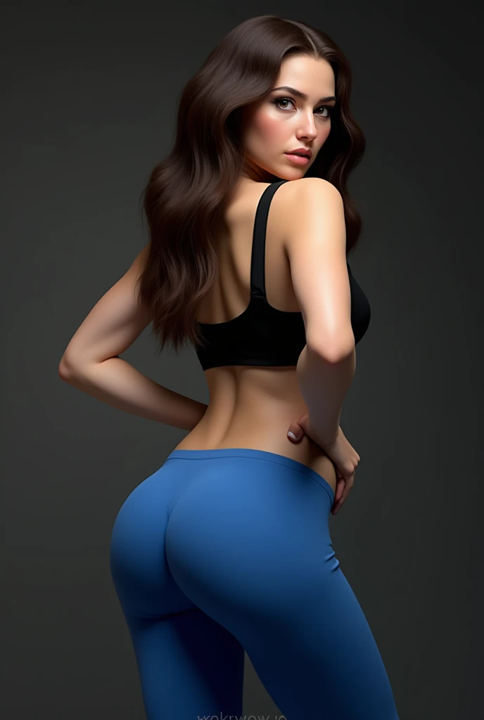 Hot brunette teen, wearing blue butt lift spandex leggings, facing to the side of the camera, she has a huge round ass, she is slim and wears a black crop top