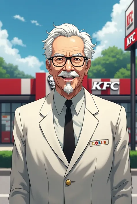 A Colonel Harland Sanders pic with KFC shop. A pic from distance. Anime pic look realistic