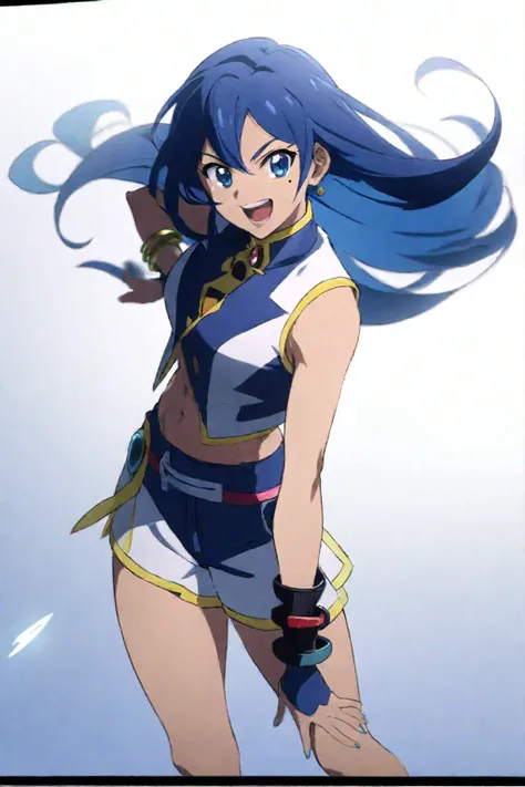 Strong-willed,Light brown skin,2000s style,fine,Yu-Gi-Oh!,Gurren Lagann,Aikatsu!,Beyblade,Bakugan, TONE UP ,midriff,sleeveless, from above,smile,Blue Hair,very long hair,smile, standing,blue eyes,whole body, straight hair ,blue and red and yellow clothes, ...