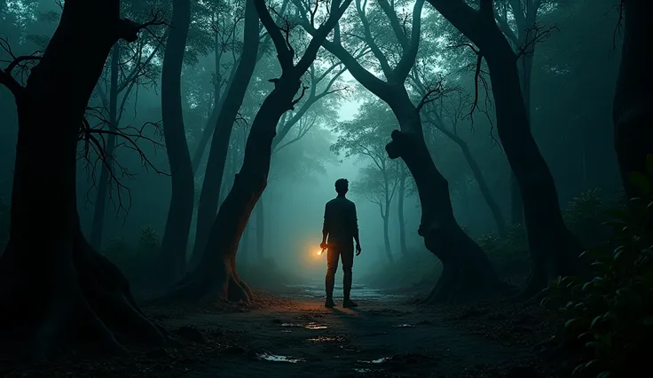 "An ultra-realistic, spine-chilling jungle scene in 16K quality, depicting an Indian adult male seen from behind as he holds a battery-operated torch in his hand. The beam of the torch cuts through the dense darkness, revealing a narrow path obstructed by ...