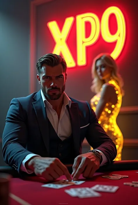  muscular man , Who hands out cards at the poker table . A neon sign with the word XP9 is written in the background.  A sexy cheek stands next to it with a glowing yellow flat