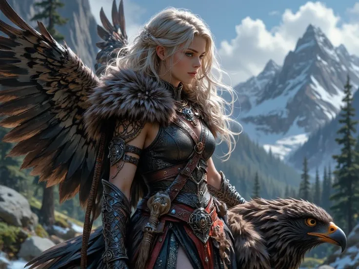 best quality, dynamic angle, highest detailed, beautiful young woman wearing shiny metal harness, fur, barbarian clothing, riding on a large flying eagle, in a beautiful valley, snow-capped mountains,  fantasy, wavy golden hair,  Midjourney_Whisper