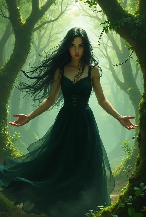 18 year old girl, long black hair, green eyes, black clothes, she is standing in defence pose, she makes trees grow with her hands, the dress is black