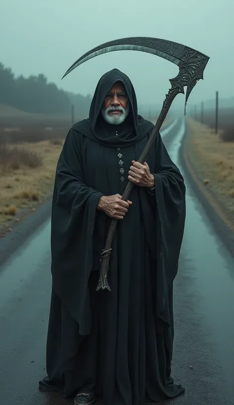 Indian President modi, wearing grim reaper, holding scythe, on road. 