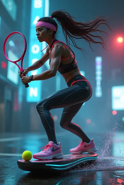 sportswoman tennis player on hoverboard in cyberpunk style, holding racket in hand and hitting tennis ball, dark background, neon colors in cyberpunk style, hyperrealistic render