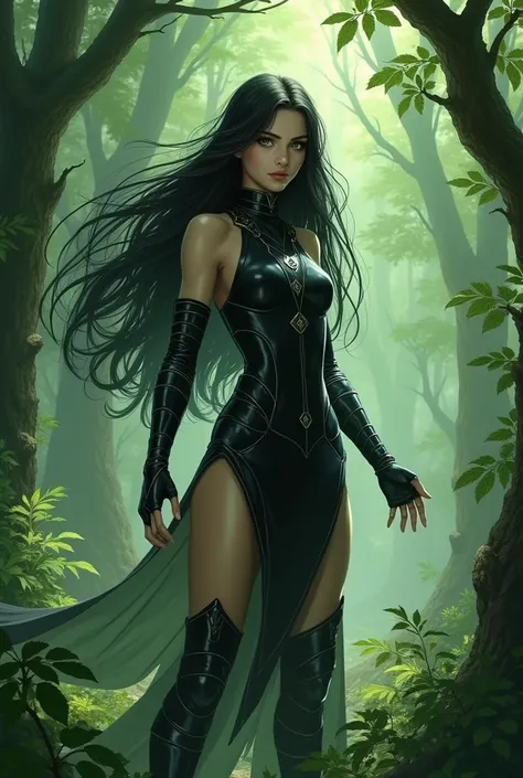 18 year old girl, long black hair, green eyes, black clothes, she is standing in defence pose, she makes trees grow with her hands, the dress is black, standing in that exact pose she wears black warrior armour 