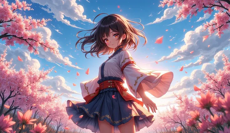 masterpiece, best quality, highly detailed, anime style, 16:9 aspect ratio

A dramatic scene of a girl standing against a powerful wind, her hair and clothes billowing dramatically. Cherry blossom petals and small wildflowers swirl around her in a spiral p...