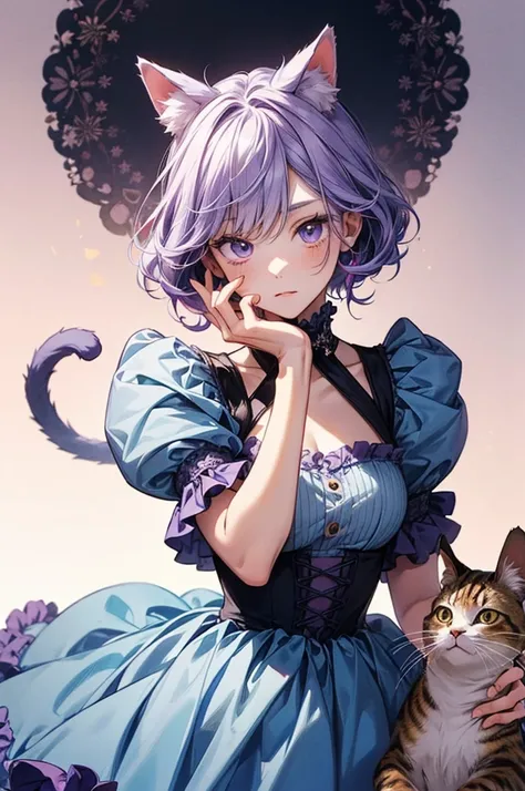 Cute anime-style cat girl with Purple hair wearing a frilly dress, in pastel colors, with a cute pose and expression. Detailed background elements, in the style of a colorful cartoon illustration. Cute character design, suitable for a mobile wallpaper.