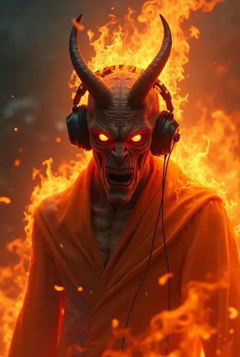 Fire with demon eyes with headset on his ears